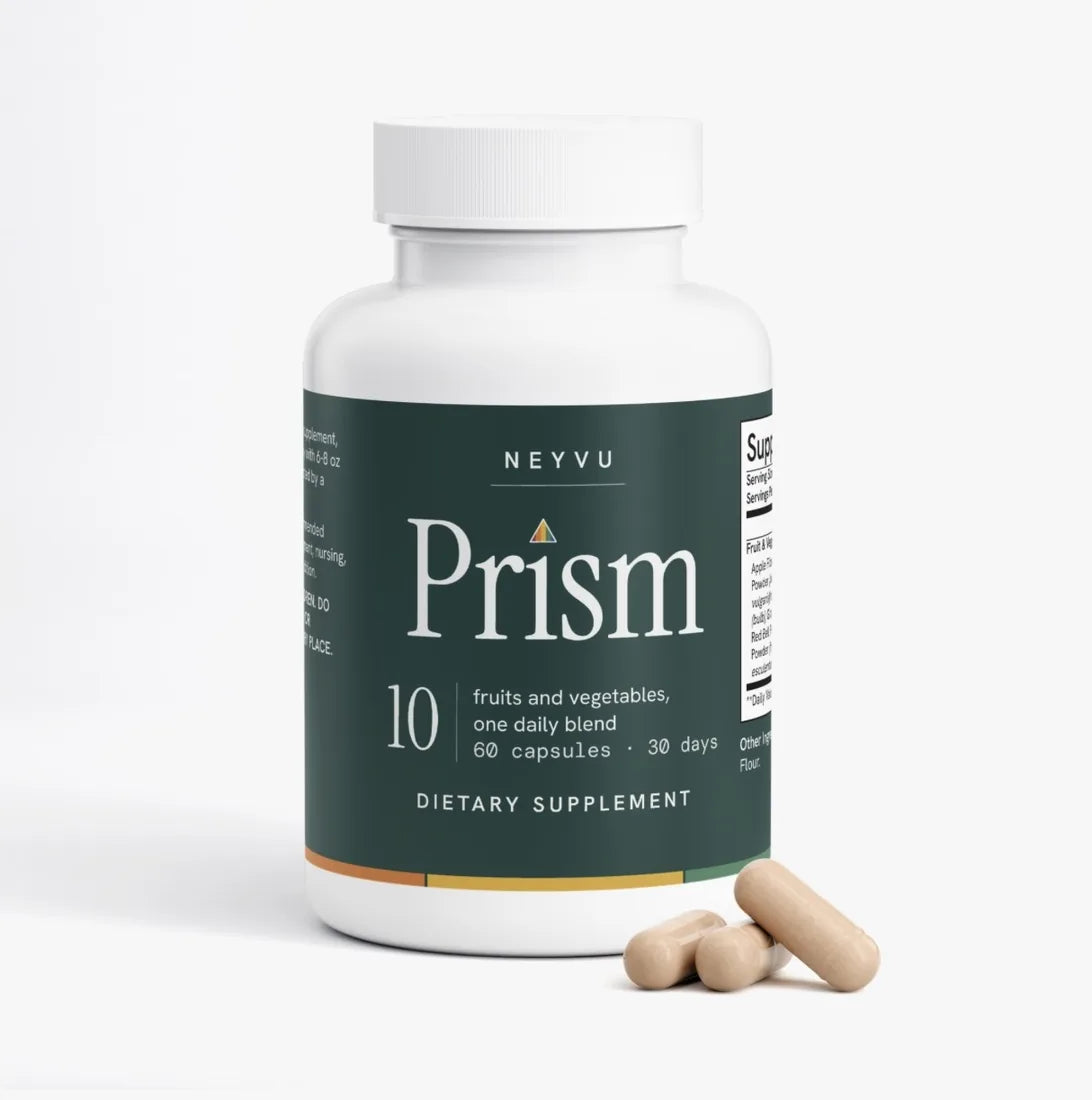 Front of the Neyvu Prism bottle with three capsules beside it